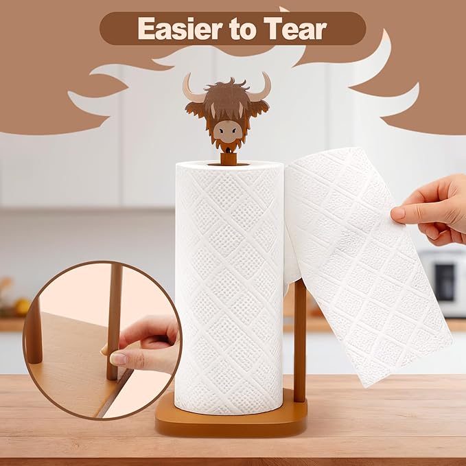 Leinuosen Brown Paper Towel Holder Cute Highland Cow Wooden Paper Towel Holder Brown Bathroom Countertop Accessories Kitchen Stand Organizer Standing Apartment Decor Housewarming Gift