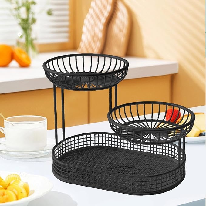 3 Layer Fruit Basket Fruit Holder Space Saver Serving Stand Metal Wire Storage Basket Bread Basket Vegetable Rack for Holdiay, black