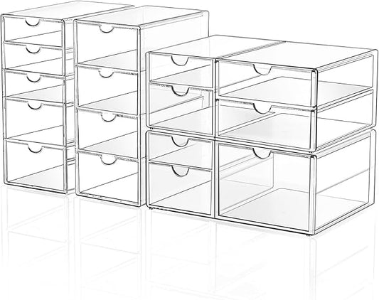 Makeup Drawer Storage Organizer with 16 Drawers, 4 Set Acrylic Office Desk Organization and Storage, Dustproof Drawer Organizer for Makeup, Office, Countertop, Jewelry, Pen, Desktop, Bathroom, Bedroom