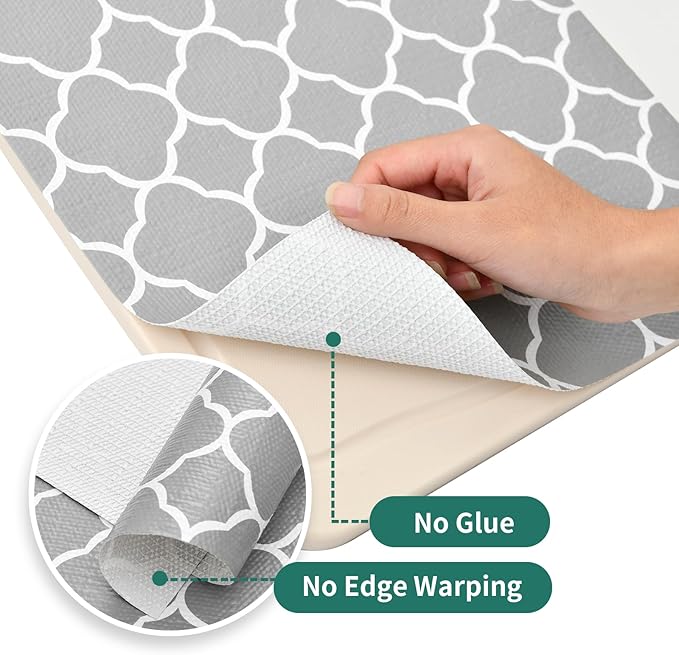 Shelf Liners for Kitchen Cabinets 17.3in x 30FT Non Adhesive Drawer Liner Gray Quatrefoil Thickened Shelf Liner Strong Non-Slip Easy to Clean for Tool Box Refrigerator with Knife and Tape Measure