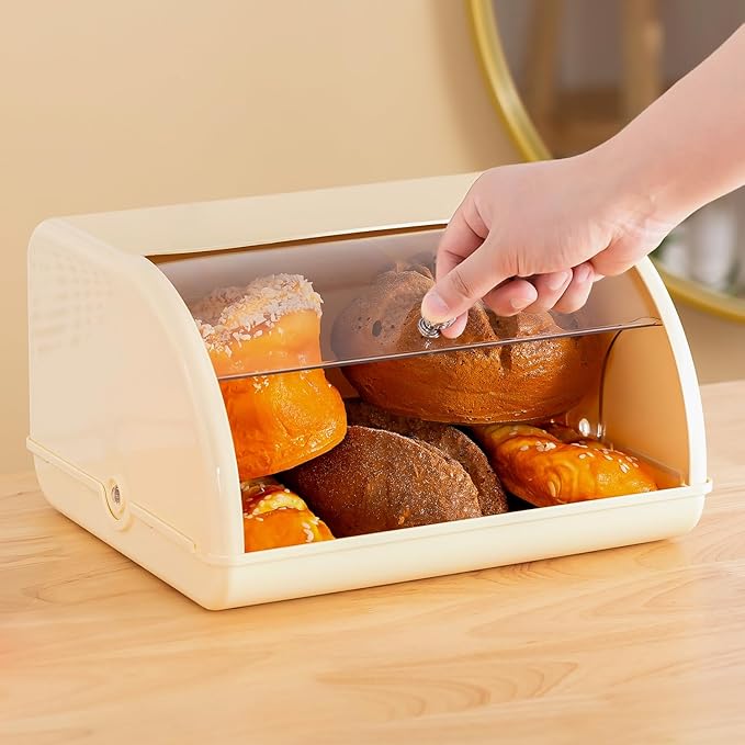 Gagee Bread Box for Kitchen Countertop,Acrylic Bread Storage Container for Homemade Bread,Cookies, Bagels, Muffins, Bread Holder with Roll Top Lid,Beige
