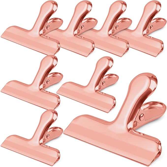 Funfery 8 Pack 3 Inch Stainless Steel Rose Gold Chip Bag Large Clips for Food Packages,Food Kitchen Clips for Snack,Home&Office Clip for Paper,Strong Metal Chip Snack Clip (Rose Gold, 8 Pack)