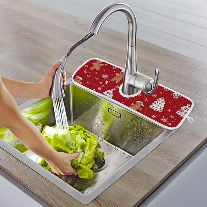 2 PCS Kitchen Sink Splash Guard 14.9 Inch Faucet Mat for Kitchen Sink Bathroom Sink Faucet Absorbing Drip Drain Mat Pad Microfiber Soft Washable Red Christmas Gingerbread Snowflakes