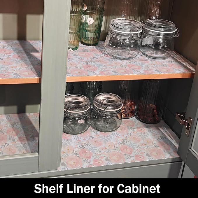 Amiitay Floral Shelf and Drawer Liner for Kitchen,12IN x 20FT Non-Adhesive and Strong Non-Slip Peony Cabinet Drawer Liners for Kitchen Shelf, Waterproof Cupboard Liners,Easy to Clean