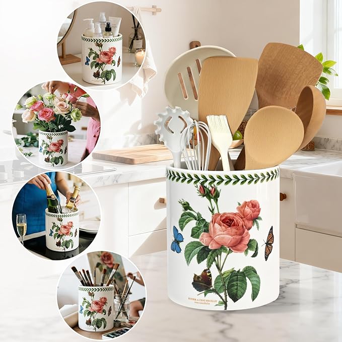 ACMLIFE Extra Large Cooking Utensil Holder, 7.3" Kitchen Utensil Holder for Countertop, Utensil Crock for Farmhouse Kitchen Decor, Ceramic Stable Utensil Caddy, Floral (Rose)