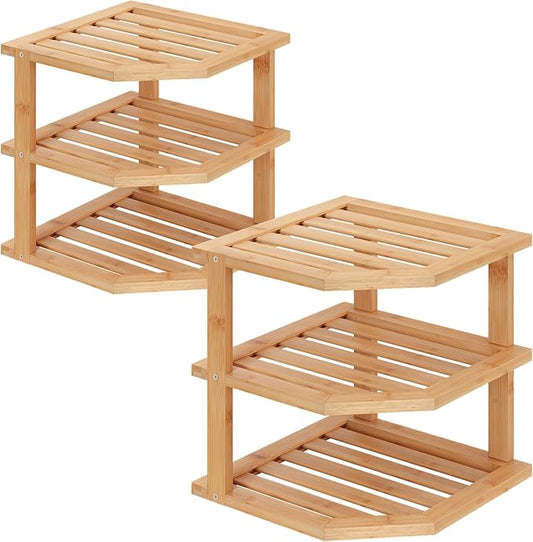 3 Tier Bamboo Corner Shelf(2 Pack),Plate Organizer,Dish Drying Rack,Kitchen Spice Rack for Countertop and Cabinet