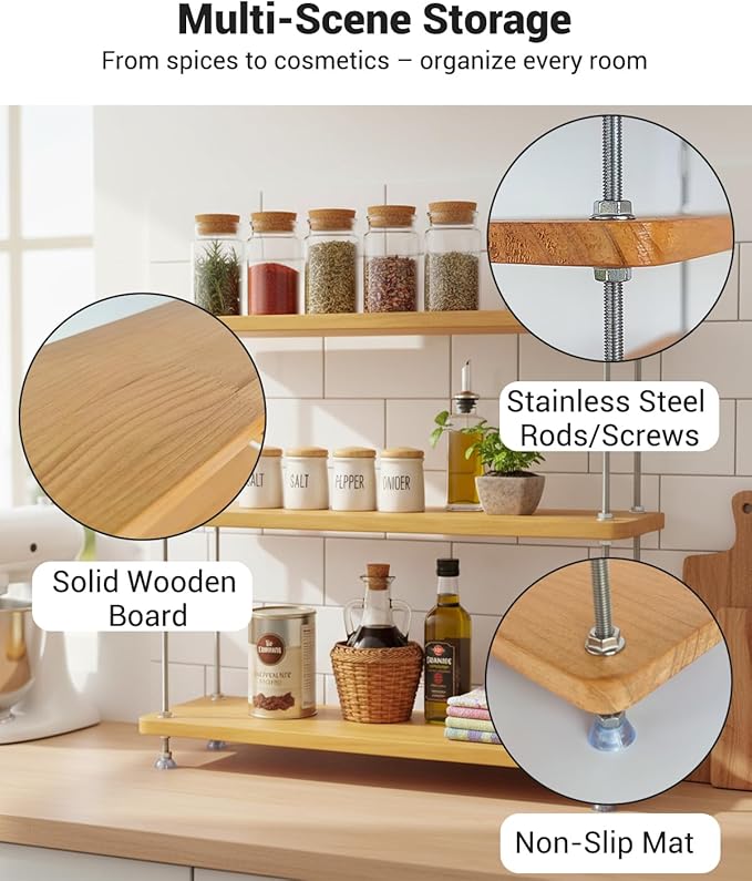 VINIUSIKI DIY Height-Adjustable 3 Tier Countertop Shelf Organizer, Kitchen Spice Rack for Countertop, Wood Coffee Counter Shelf Organizer for Home - 15.7"x5.7"x16.14" (LxWxH)
