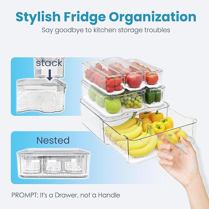 6 Pack Refrigerator Organizers, Clear Pull-out Drawer Container and Organizer Bins with Lids, Stackable Storage Containers for Fruits, Vegetable (Set of 6 (Include Pull-out Drawer))