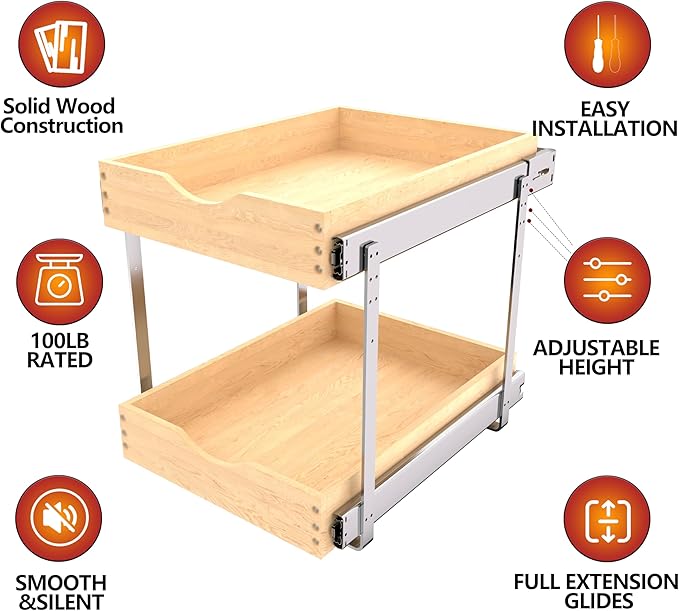 2-Tier Wood Cabinet Pull Out Shelves (14" W x 22" D), Wooden Slide Out Drawers for Kitchen Cabinets, Heavy-Duty Roll Out Pantry Organizer