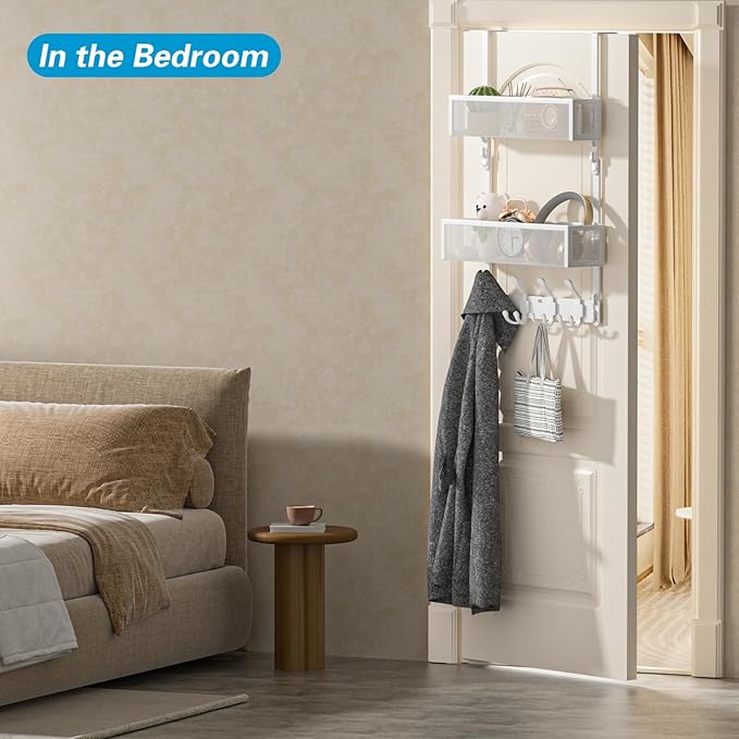 Over The Door Hooks Organizer, Door Hanger Towel Rack with 2 Baskets, Adjustable Over The Door Coat Rack, Back of Door Storage for Bedroom, Kitchen, Bathroom (White)