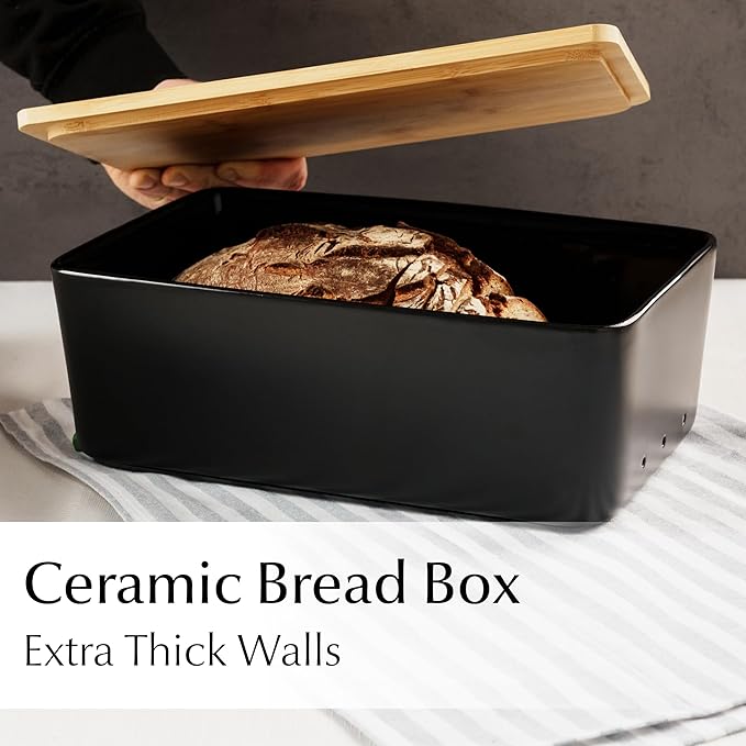 MIAMIO – Bread Box for Kitchen Countertop/Ceramic Bread Box with Cutting Board, Bread Container with Bamboo Lid, 12.6 x 7.9 x 4.5 inches