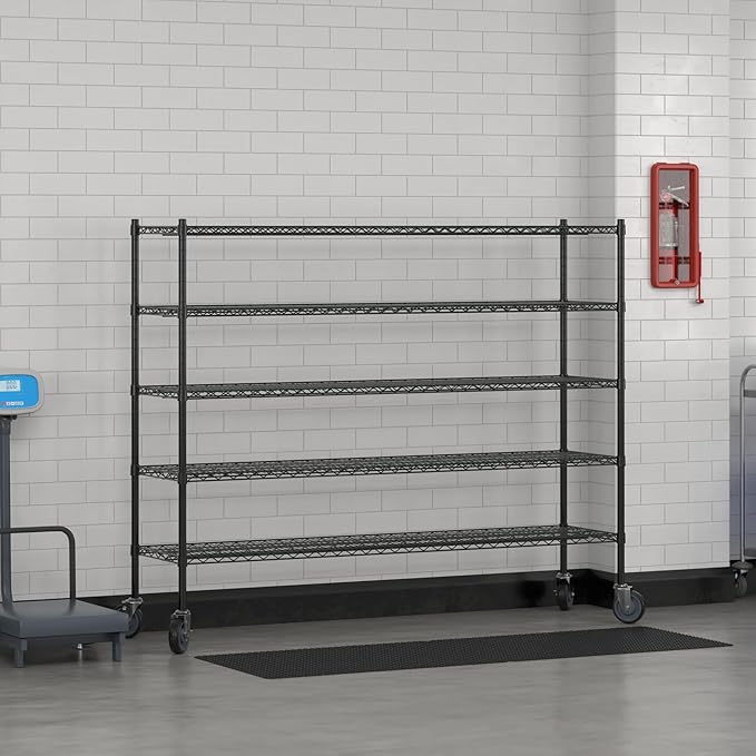 Commercial NSF Listed Black Epoxy Mobile Wire Shelving Kit 18" x 72" x 60", with 5 Shelves Perfect for Warehouse, Walk-in Refrigerator, Freezer, Grocery Store, Restaurant, Dishroom