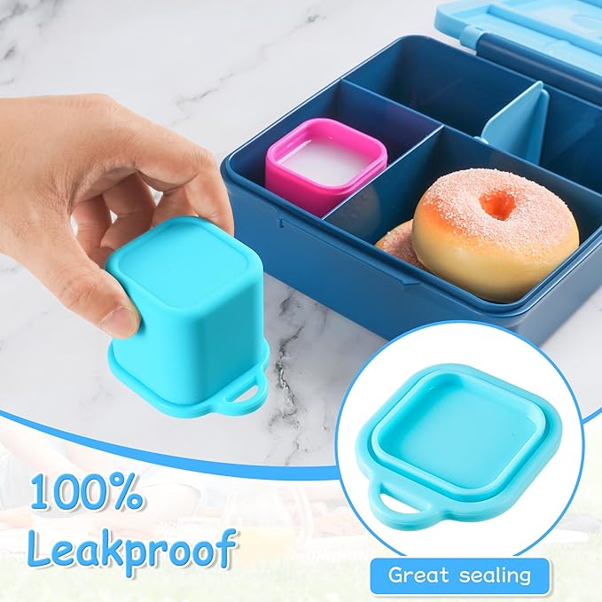 Ecurfu Silicone Dips Containers, 2x 4 oz Salad Dressing Container To Go, Condiment Container with Lids, Compatible with Most Bento Lunch Box (Pink/Cyan)
