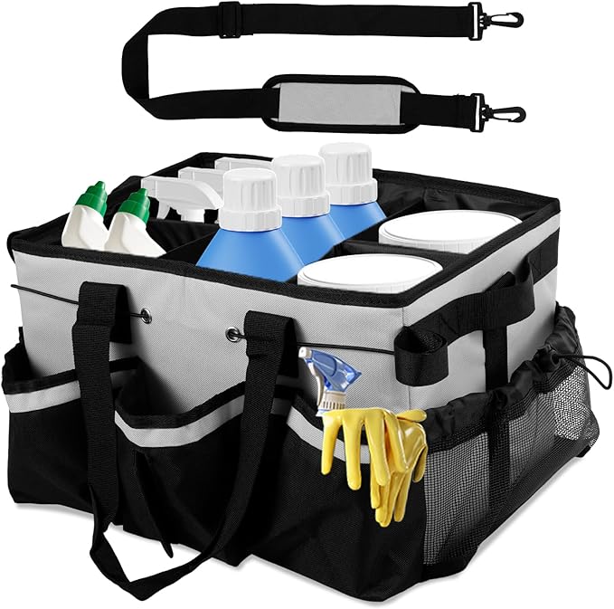 Wearable Cleaning Caddy Bag, Large Cleaning Supplies Organizer with Handle and Adjustable Strap, Kitchen Caddy Storage Bag with 5 Compartments for Housekeepers, Under Sink and Car Cleaning Organizer