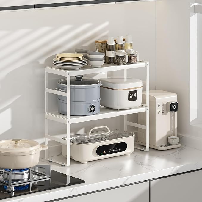 Expandable Cabinet Organizer, Metal Pantry Organizer Spice Rack Storage Shelves for RV,Kitchen, Pantry, Cupboards, Under Sink and Counter Storage,Office,Adjustable Shelf,White Large