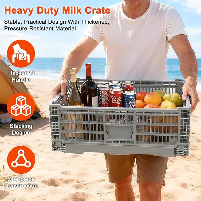 Shineyaplus Collapsible Milk Crate, 1 pck 52L(13GAL) Stackable Storage Bins, Heavy Duty Storage Crates, Plastic Crates for Grocery, Warehouse Organization - Extra Large, Holds 130 lbs Per Bin