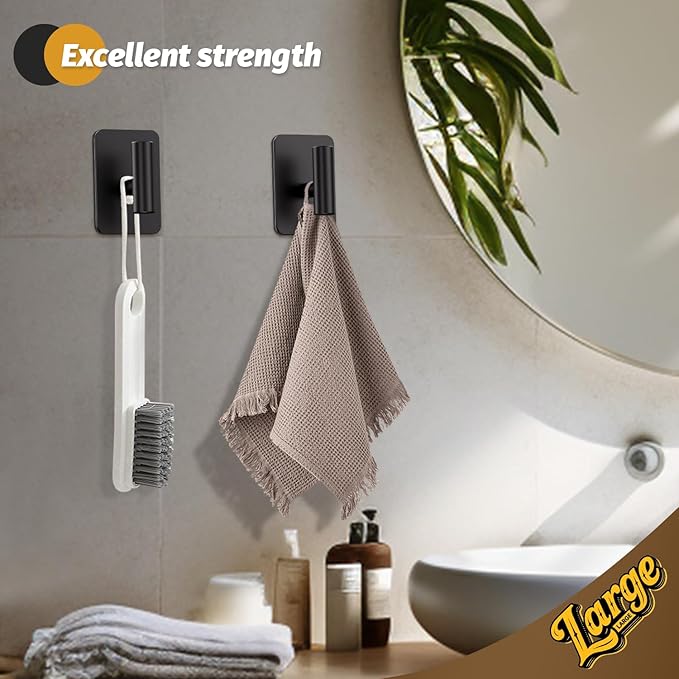 Eowihor Heavy Duty Adhesive Hooks - 26lb Max, Sticky Wall Hooks Waterproof Stainless Steel for Hanging Towel, Coat, Robe, Towel Hooks Stick on Bathroom, Kitchen, Shower, Door (Black, 4 Pack)