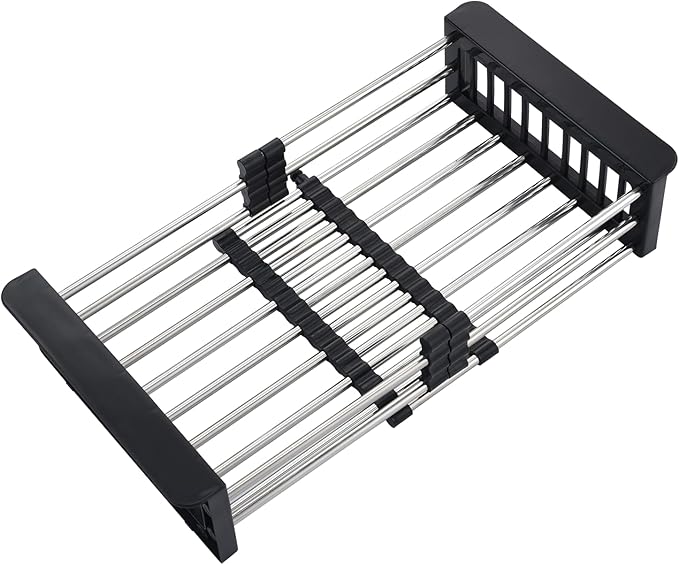 Over The Sink Dish Drying Rack Black, Stainless Steel Drainer Drying Basket for Kitchen Sink Retractable Sink Dish Drying Rack Expandable Organizer for Dishes, Vegetables, and Fruit