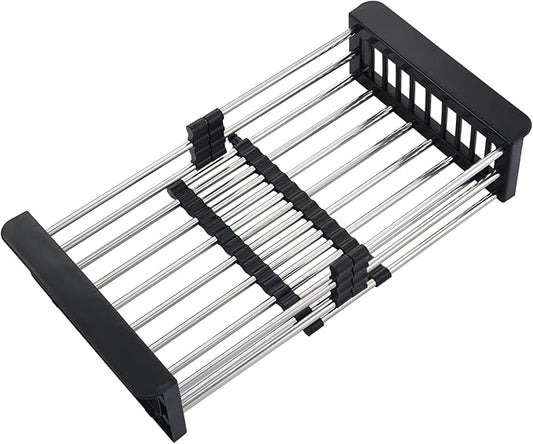 Over The Sink Dish Drying Rack Black, Stainless Steel Drainer Drying Basket for Kitchen Sink Retractable Sink Dish Drying Rack Expandable Organizer for Dishes, Vegetables, and Fruit