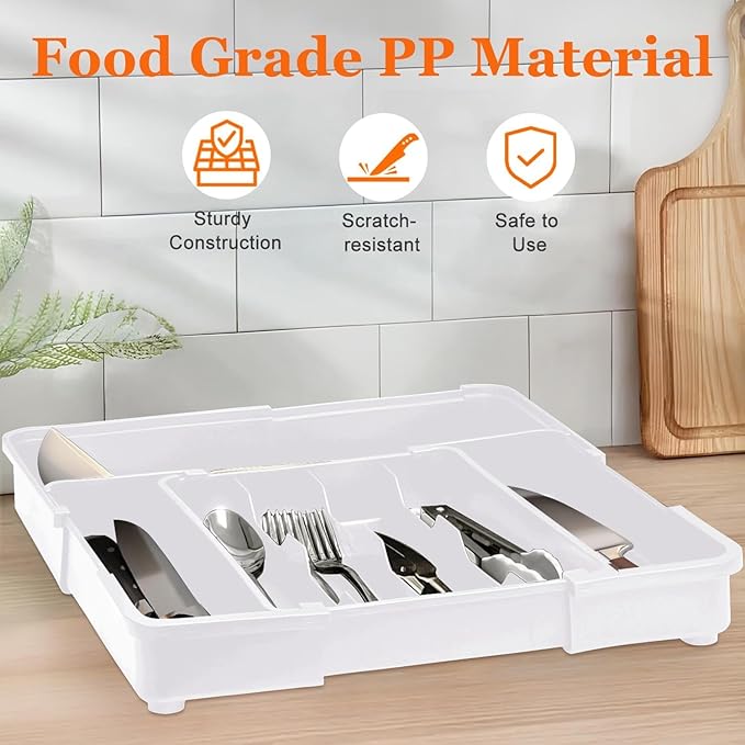 Silverware Organizer Expandable Utensil Drawer Organizer Adjustable Drawer Organizer, Flatware Cutlery Silverware Tray for Spoons Forks Knives Kitchen Organizers Storage (White)