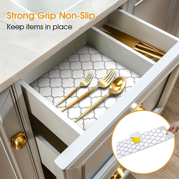 Shinlendid Shelf and Drawer Liner for Kitchen Cabinets Non-Adhesive, Strong Grip Non-Slip Thickened Cabinet Liners for Shelves, Waterproof Mats for Dresser Cupboard, White/Gray, 23 in x 30 Feet