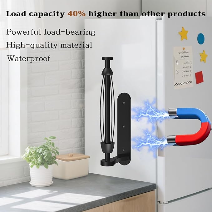 Magnetic Paper Towel Holder for Fridge - No Drill, One Hand Tear with Ratchet Mechanism, Black, Self-Adhesive & Wall Mount for Kitchen, RV, Garage