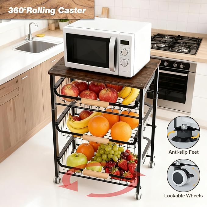 3-Layer Fruit Basket Kitchen Food Organizer and Rack Rolling Pantry Kitchen Cart On Wheels with Wood Top Table,Pull-Out Hollow Metal Basket for Sorting Spice Snacks Vegetables,Black