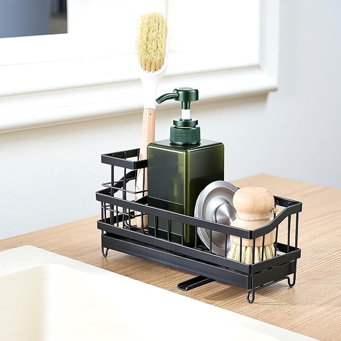 Sink Caddy & Organizer with 360° Rotating Drain, Countertop Holder for Sponges, Dishwashing Liquid, Long Handle Scrubber Compartment - Black