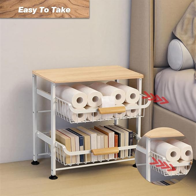 3-Layer Fruit Basket Kitchen Food Organizer and Rack Rolling Pantry Kitchen Cart On Wheels with Wood Top Table,Pull-Out Hollow Metal Basket for Sorting Spice Snacks Vegetables,White