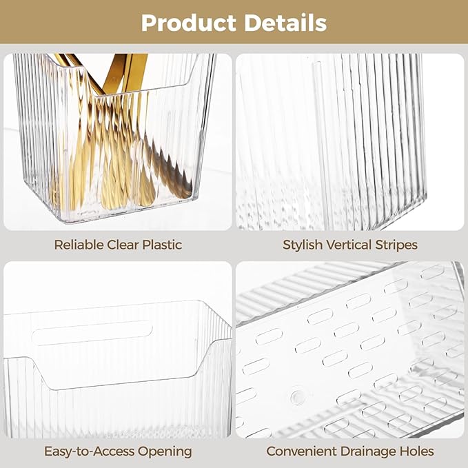yeesport 4 PCS Cabinet Door Organizer Bins, Clear Plastic Wall Mount Hanging Storage Baskets with Adhesive Hooks, Bathroom Fridge Kitchen Pantry Under Sink Drawer Organizer with Drain Holes