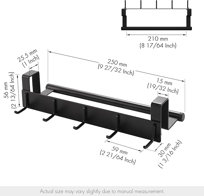 KES Over the Cabinet Door Towel Bar with Hooks, Kitchen Towel Holder with Hooks for Hanging Utensils, Over the Cabinet Door Organizer with Hook 2 Pack, Matte Black, KUR527-BK-P2