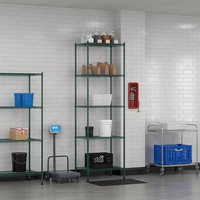 Commercial NSF Listed Green Epoxy Stationary Wire Shelving Kit 21" x 30" x 96", with 5 Shelves Perfect for Warehouse, Walk-in Refrigerator, Freezer, Grocery Store, Restaurant, Dishroom