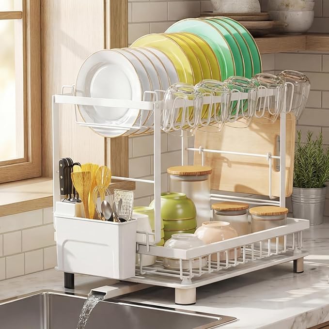 Multifunctional Dish Drying Rack - Rustproof, 2-Tier Dish Racks with Drainboard, Space-Saving Design, Utensil & Cup Holder for Kitchen Counter, White