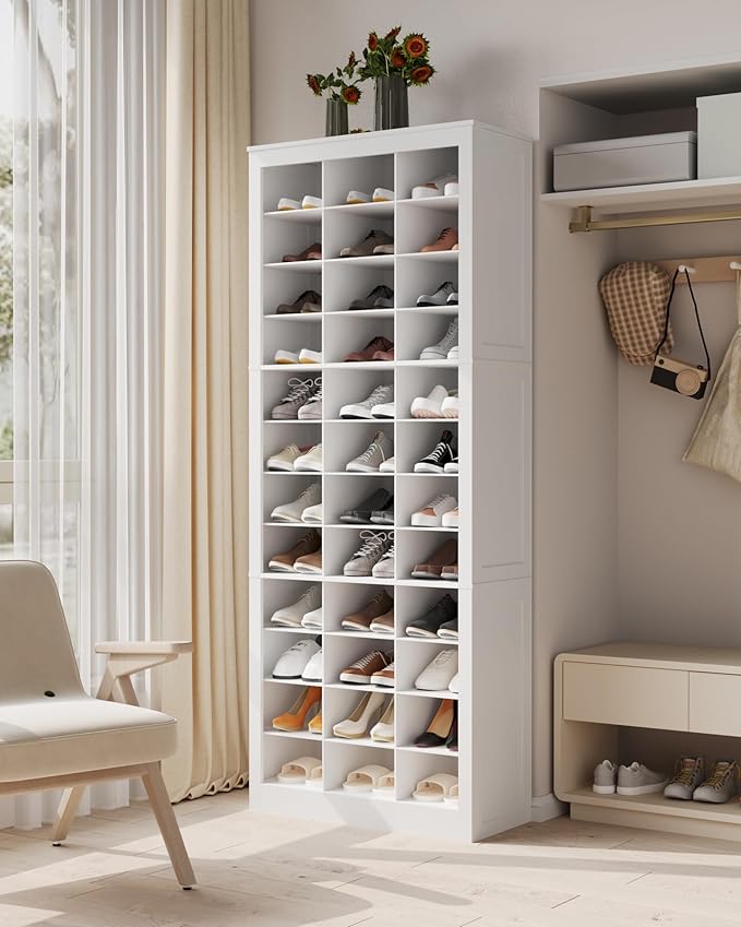 Shoe Storage Cabinet, 36 Pairs Free Standing Closet Organizer, 9 inch Widened Cell Wood Shoe Organizer, 12 Tiers Vertical Space Saving Shoe Rack for Entryway, Cloakroom, White SR20703X