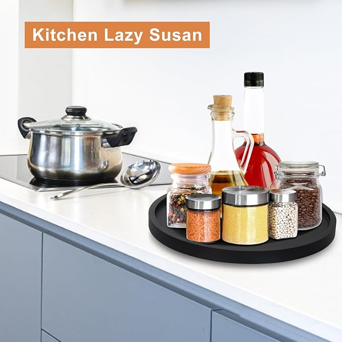 Black Wooden Bathroom Tray Round Perfume Dresser Trays for Vanity Small Wood Lazy Susan Turntable for Table Decorative Kitchen Sink Soap Holder Rotating Bathroom Countertop Decor Organizer Accessories