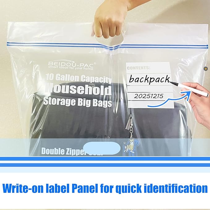 BEIDOU-PAC 10 Gallon Large Storage Bags with Handle, 50 Counts | Double Zipper Seal | Expandable Bottom, Resealable Clear zip Bags for Home, Travel, Moving Commercial and Outdoor