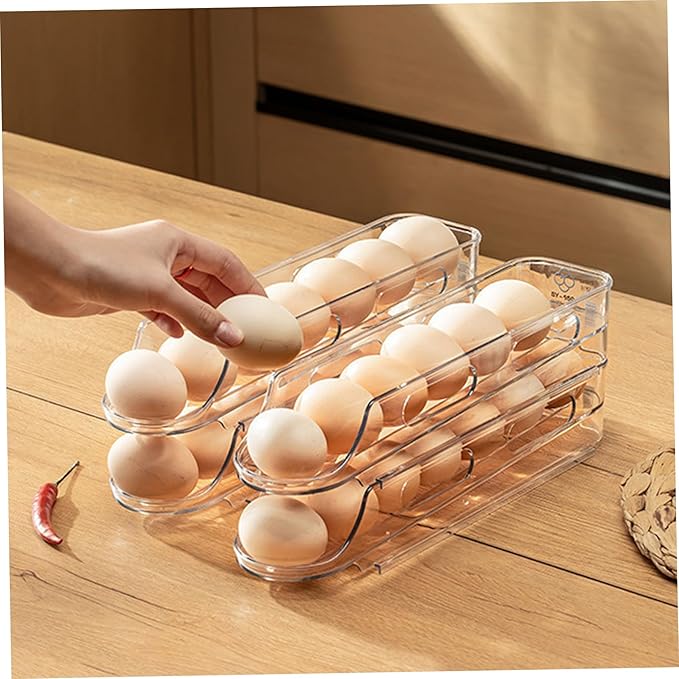 Egg Holder for Fridge, 2 Tier Automatic Scrolling Egg Storage Stackable Space-Saving Clear Plastic Fridge Container for Kitchen Restaurant