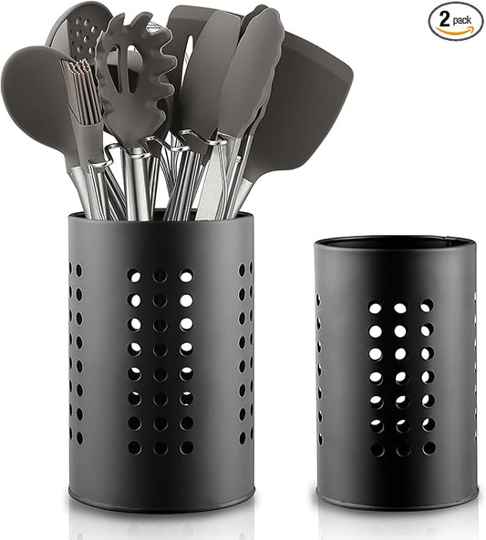 Berglander Kitchen Utensils Holder for Counter Top 2 Pieces, Black Stainless Steel Cutlery Holder, Kitchen Essentials Farmhouse Style Home Countertop Organizer