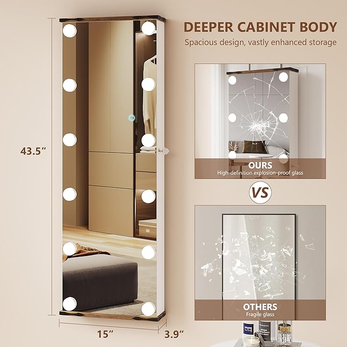 Over the Door Jewelry Organizer, 12 Hollywood Bulbs Hanging Jewelry Armoire with Full Length Mirror, 43.5" Lockable Large Storage Jewelry Cabinet for Girls/Women, (Wood grain white)