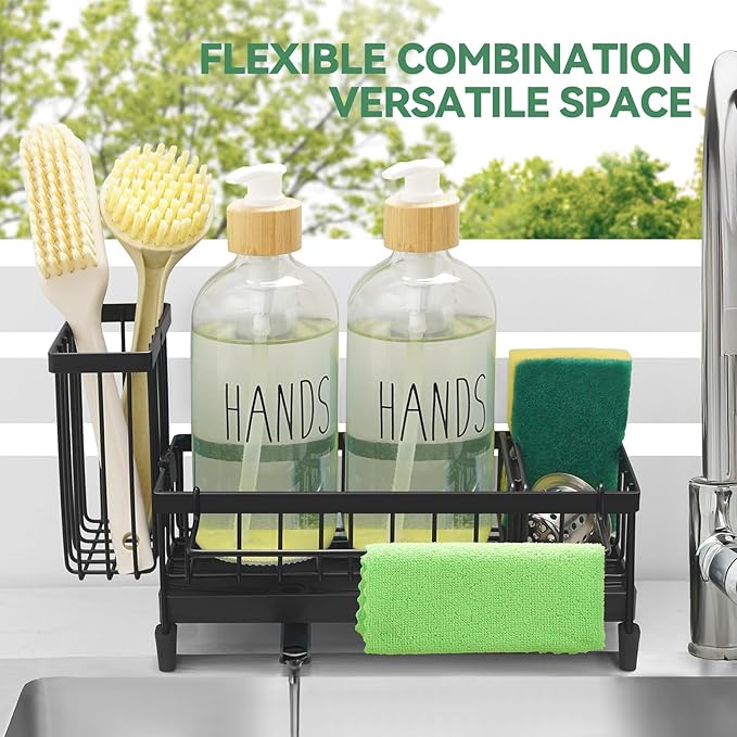 Sponge Holder for Kitchen Sink with Tall Brush Holder and Dishcloth Rack, Rustproof Stainless Steel Sink Caddy, Kitchen Countertop Organizers and Soap Dispenser.