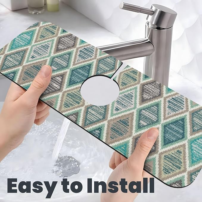 Teal And Brown Boho Style Kitchen Sink Splash Guard Faucet Mat Super Absorbent Fast Drying Mat Sink Gadgets-Fast Drying Pad Sink Mat For Kitchen Bathroom (15" X 5.5" )