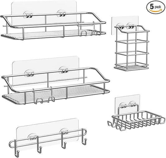 Nieifi Shower Caddy Shelf with Hooks Storage Rack Organizer Adhesive Stainless Steel without Drilling for Bathroom, Lavatory, Washroom, Restroom, Shower, Toilet, Kitchen (Sliver, 5 Pack)