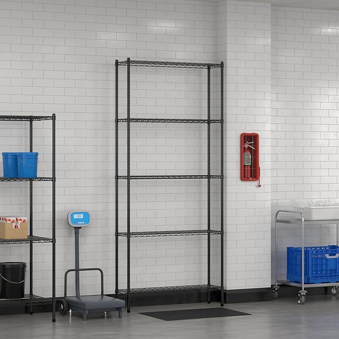 Commercial NSF Listed Black Epoxy Stationary Wire Shelving Kit 12" x 42" x 96", with 5 Shelves Perfect for Warehouse, Walk-in Refrigerator, Freezer, Grocery Store, Restaurant, Dishroom