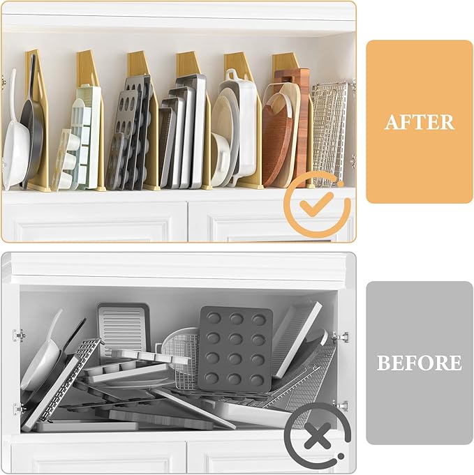 6 Pack Wood Tray Dividers for Cabinet, Cookie Sheet Organizer for Cabinets, No-Cut Kitchen Cabinet Dividers, Cookie Trays for Kitchen, Utility Rooms, Pantry Storage