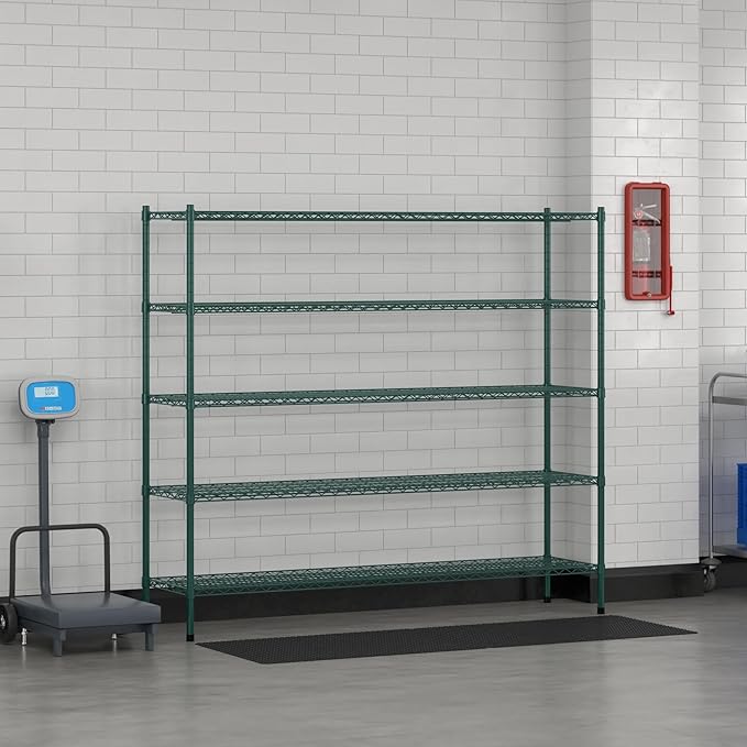 Commercial NSF Listed Green Epoxy Stationary Wire Shelving Kit 18" x 72" x 64", with 5 Shelves Perfect for Warehouse, Walk-in Refrigerator, Freezer, Grocery Store, Restaurant, Dishroom