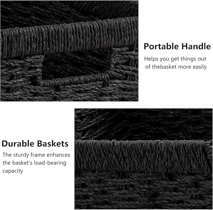 joybest Black Shelf Storage Wicker Baskets, 4-Pack Woven Paper Rope Baskets for Organizing, Foldable Rectangular Bin with Handles for Pantry, 13.4L x 8.3W x 7.1H Inch