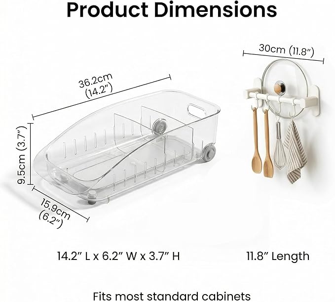 Refrigerator Organizer Bin with Wheels and Adhesive Utensil Holder Wall Mount Kitchen Rack Rail with 4 Hooks, Roll Out Pantry Storage with Dividers, Fridge Organizers and Storage