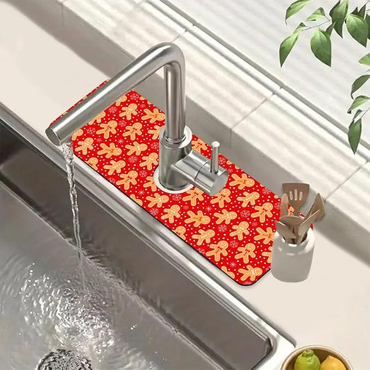 Christmas Merry Xmas Kitchen Sink Splash Guard Faucet Mat Santa Claus Super Absorbent Fast Drying Mat Sink Splash Guard Behind Faucet for Kitchen Bathroom, 15.5"x5.5"