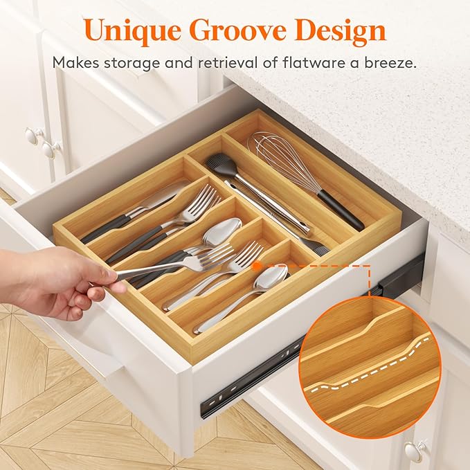 Lifewit Silverware Drawer Organizer, Utensil Tray for Kitchen, 7 Slot Bamboo Flatware and Cutlery Holder, Wood Storage for Spoons Forks Knives, 12.9 x 16.5 Inches, Natural