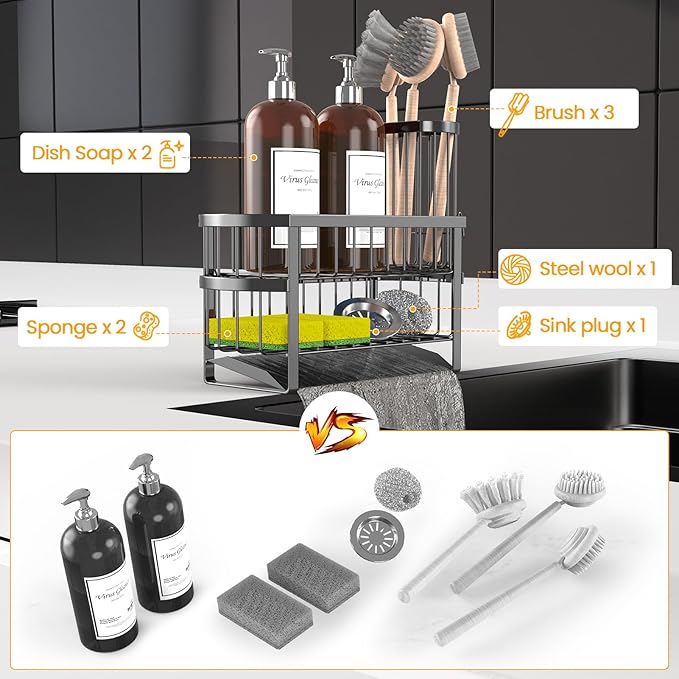 UEFFNR Kitchen Sink Organizer Caddy, 2 Tier Sink Caddy Organizer with High Brush Holder, Rust-Proof Countertop Rack (Black 10.6 * 4.3 * 5.7") for Kitchen Accessories & Dish Brushes